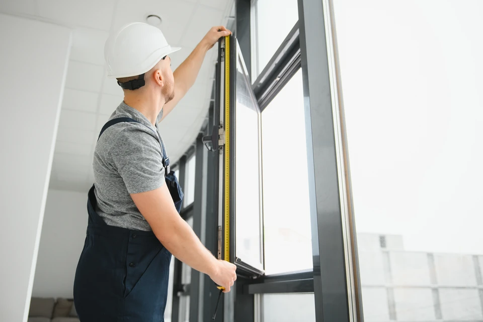 Ouvrier en uniforme et casque blanc installe une fenêtre à battants dans un intérieur moderne