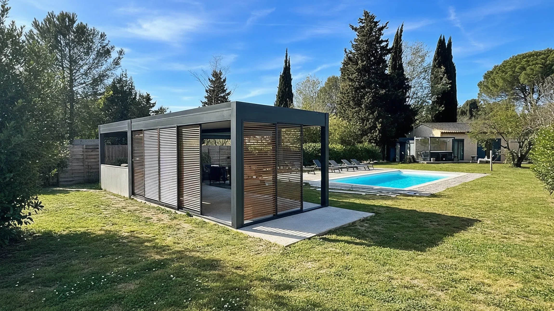 Ext&eacute;rieur r&eacute;sidentiel avec pool house moderne &agrave; structure m&eacute;tallique et bardage bois horizontal