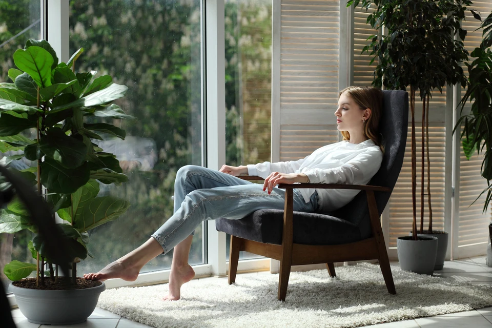 Intérieur du salon avec plantes vertes et canapés